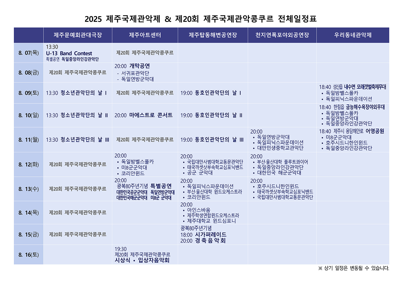 제주국제관악제 2025년도 전체일정(여름시즌)